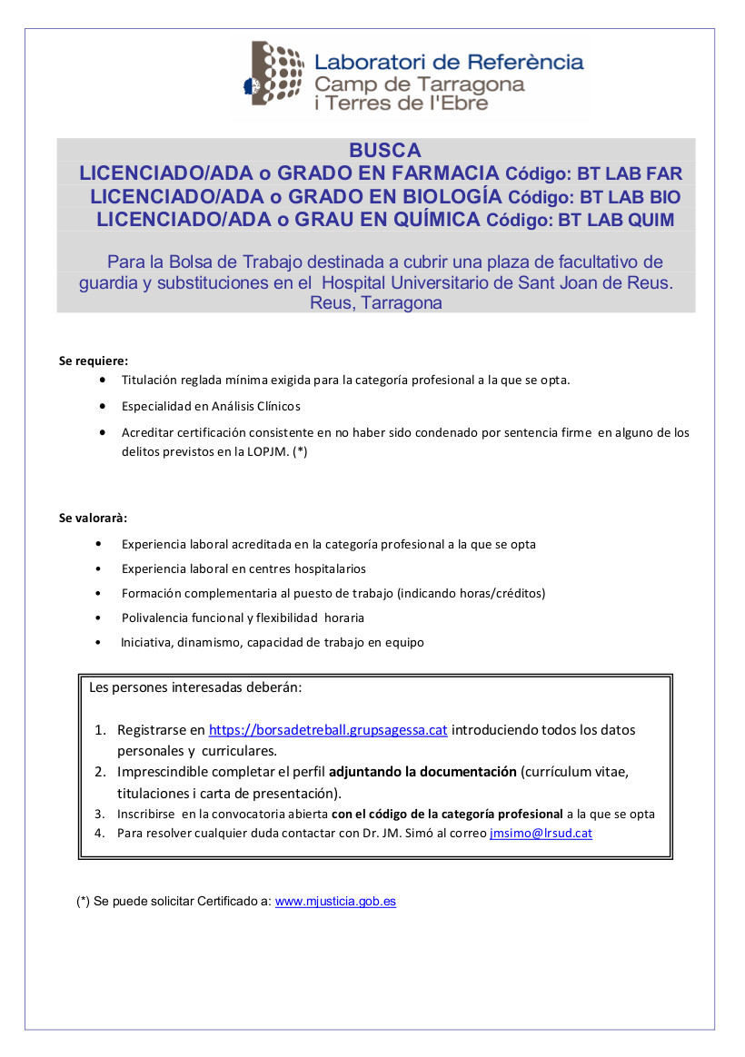 Convocatòria LRCTiTE Facultatius HUSJR Castellà 2019