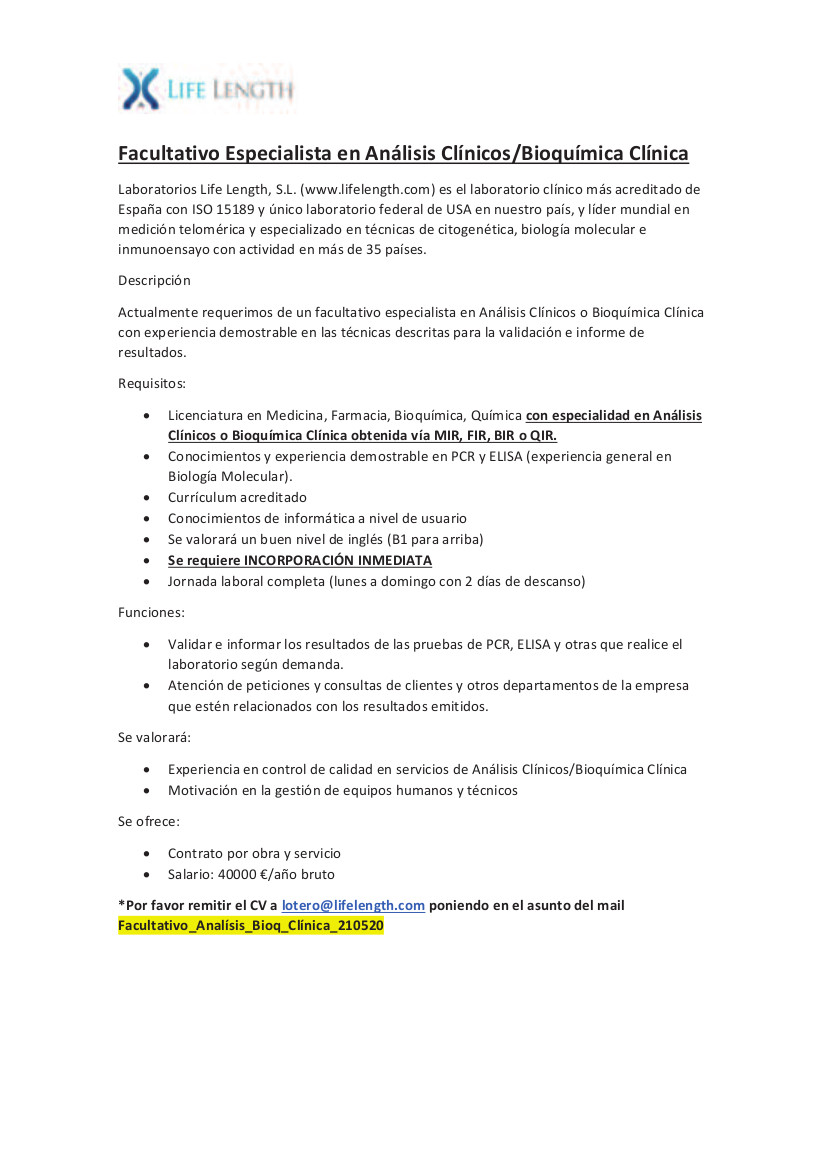 Oferta Facultativo Especialista en Análisis Bioquímica Clínica Mayo 2021-3