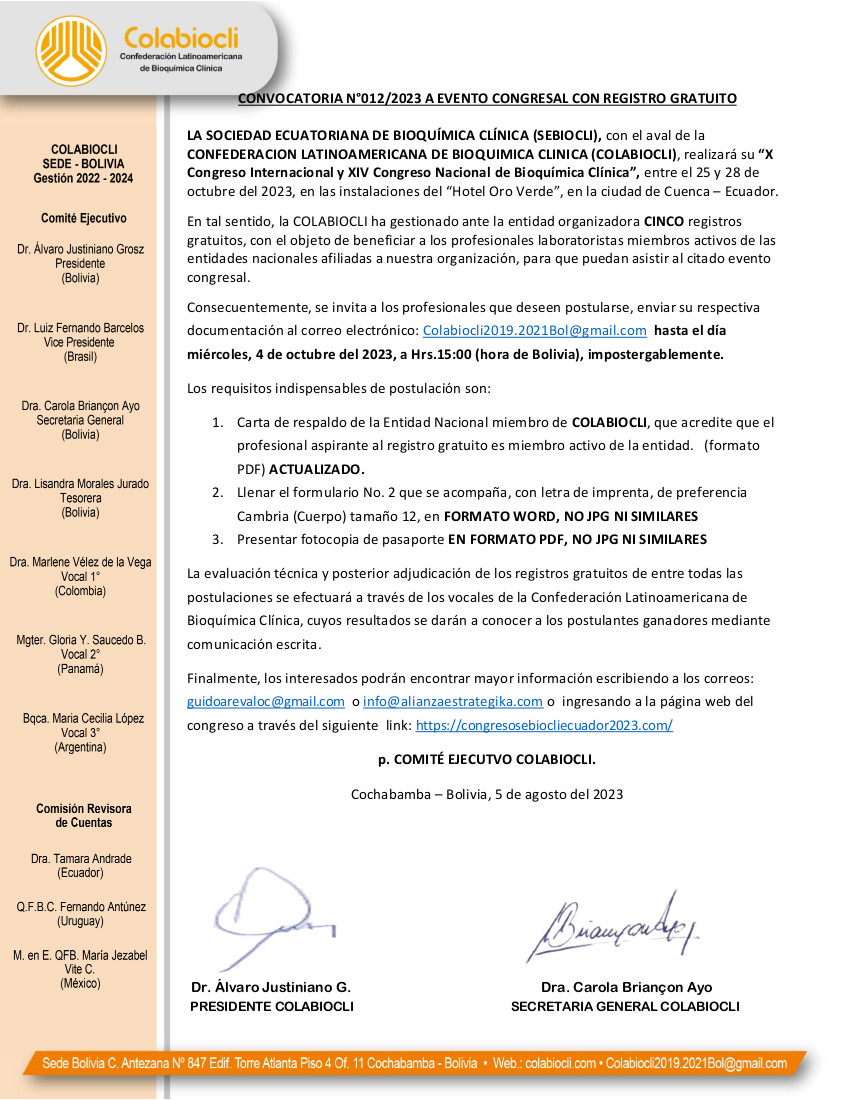 Convocatoria No. 012-2023 a congreso con registro gratuito ECUADOR
